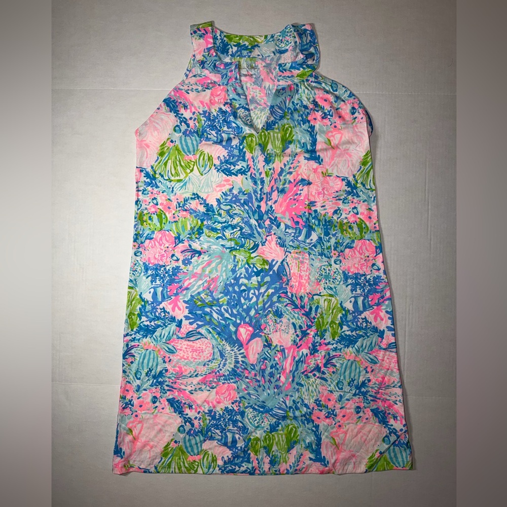 Sleeveless Tropical Print Shift Dress - Pink & Blue